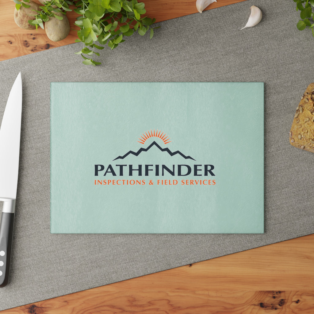 Pathfinder Glass Cutting Board — Branded Kitchen Cutting Board with Mountain Logo