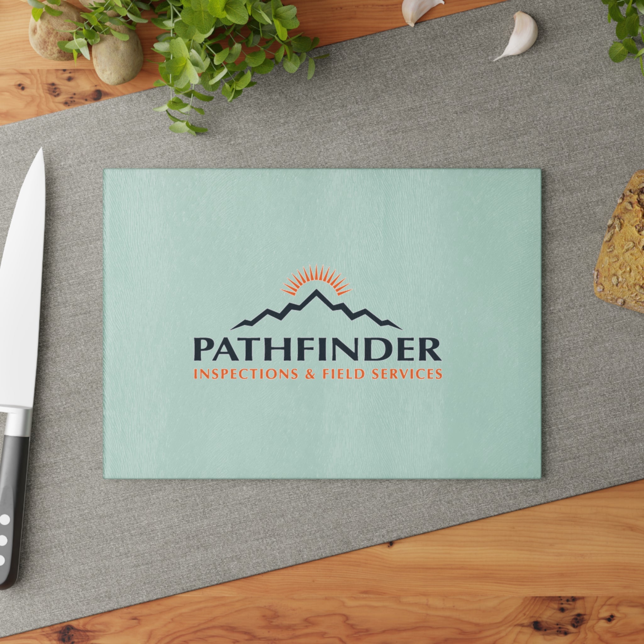 Pathfinder Glass Cutting Board — Branded Kitchen Cutting Board with Mountain Logo