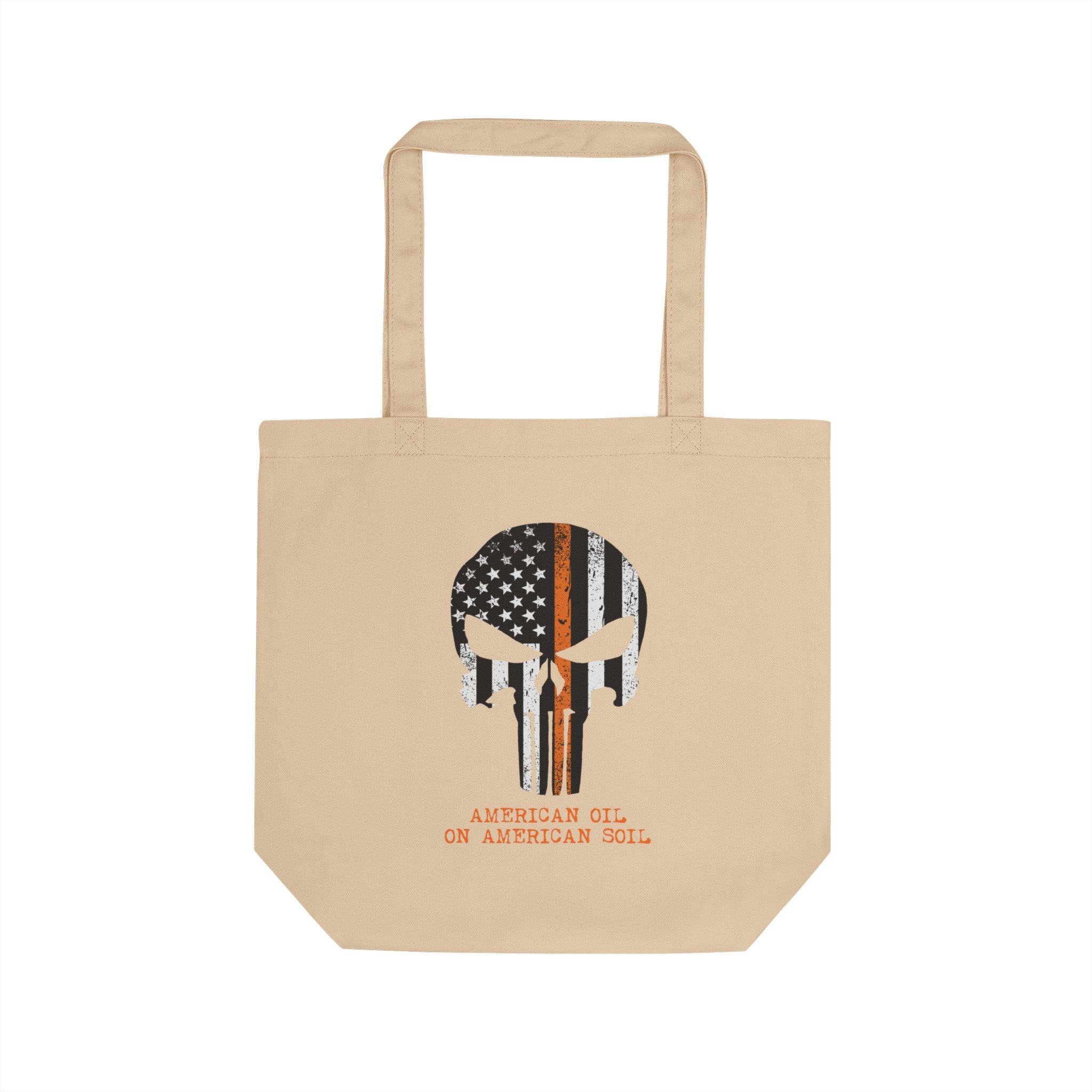 Punisher Skull American Flag Eco Tote Bag — “American Oil, Oil American Soil” Cotton Market Tote