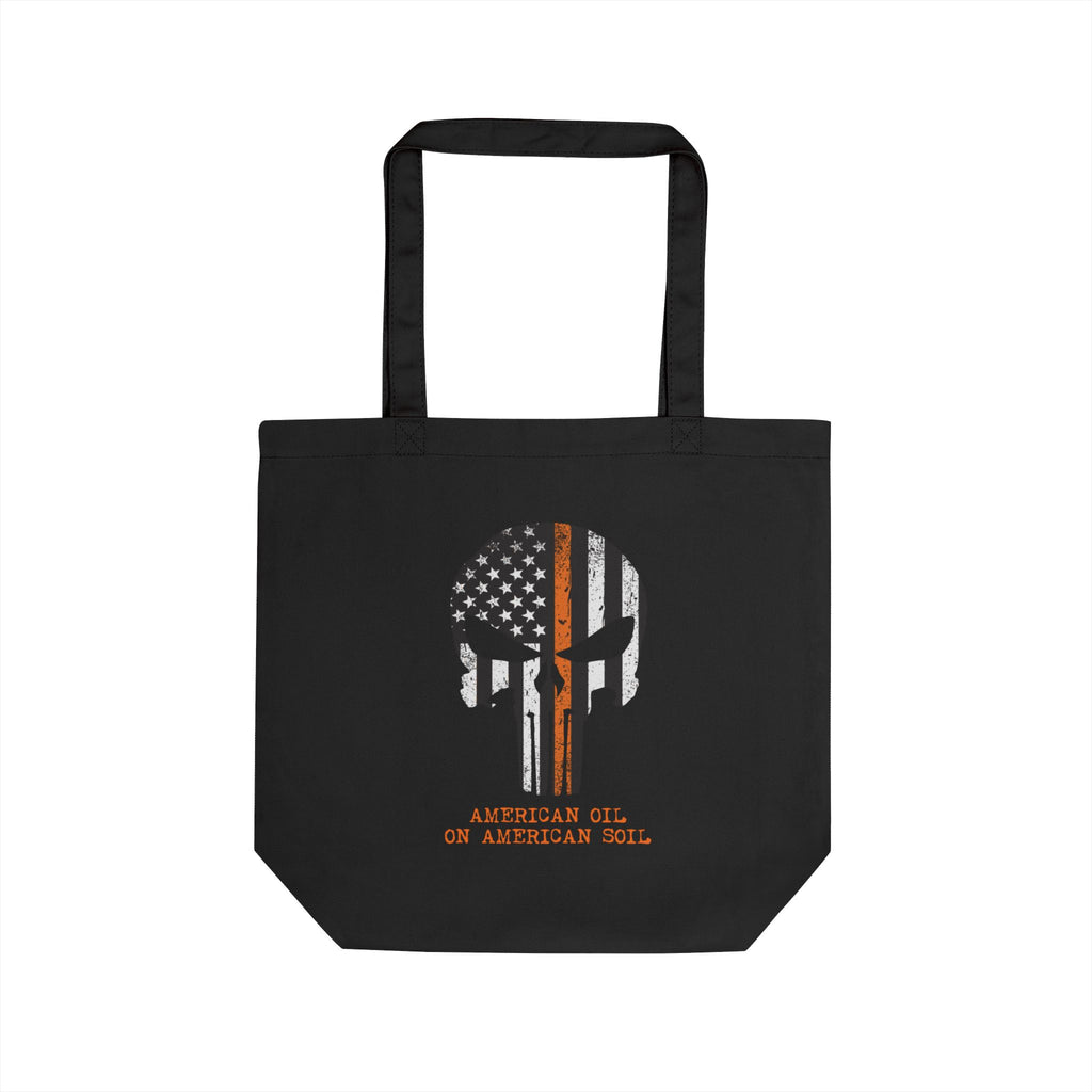 Punisher Skull American Flag Eco Tote Bag — “American Oil, Oil American Soil” Cotton Market Tote